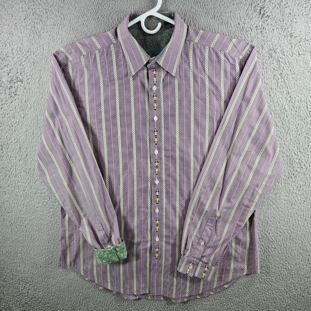 Robert Graham Mens 2XL Purple Striped Embroidered Button Down Shirt Floral Cuffs